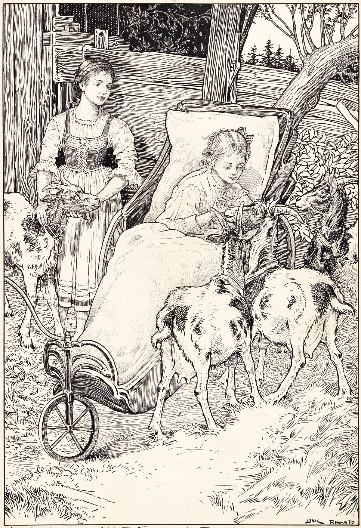 LOUIS RHEAD (1857-1926) Clara on her couch was soon surrounded by the goats. [CHILDRENS]